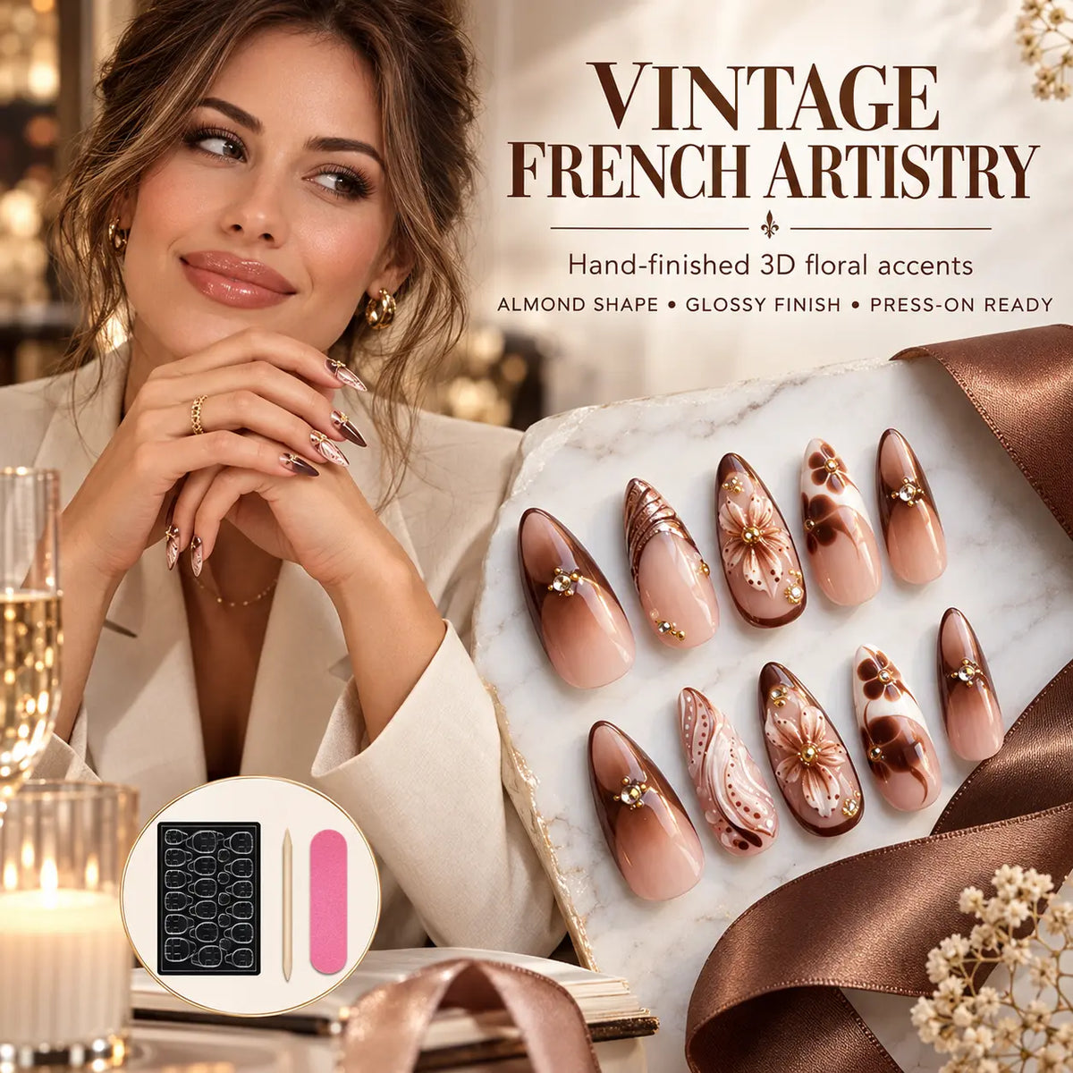 Beautnexa® 🤎🌸 French Floral Press-On Nails