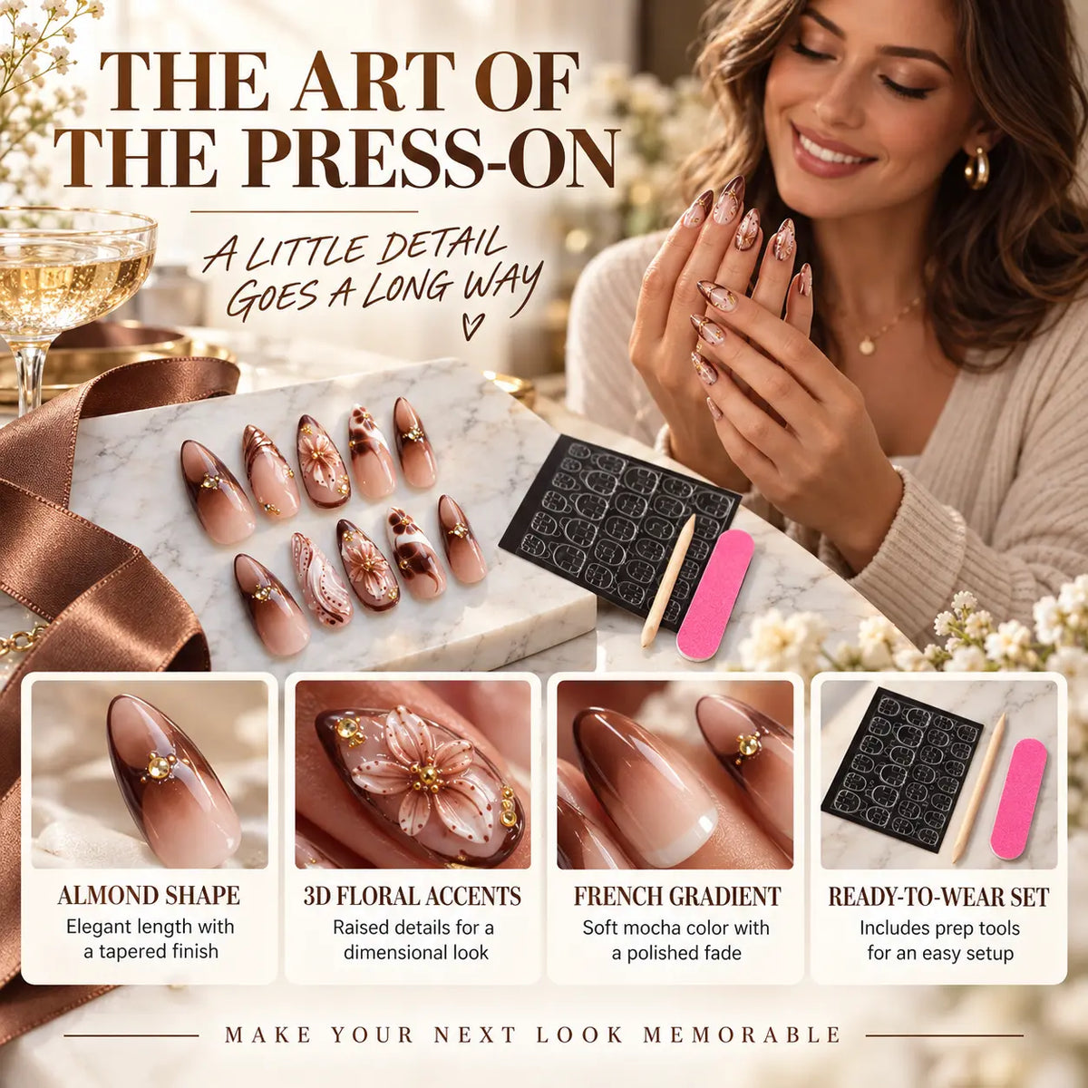 Beautnexa® 🤎🌸 French Floral Press-On Nails